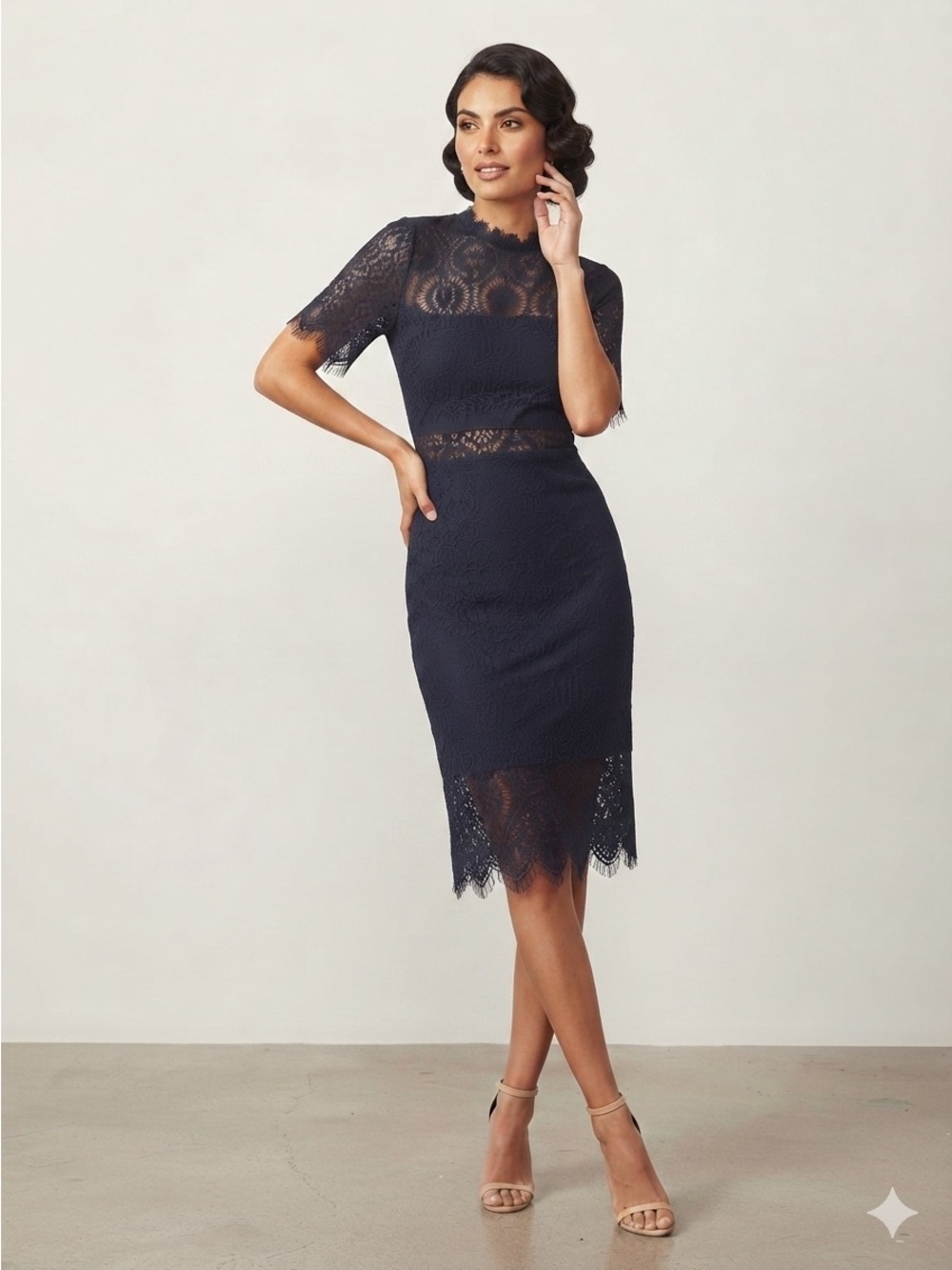 Lulus Black Whimsical Lace Mock Neck Sheath Dress Small EUC